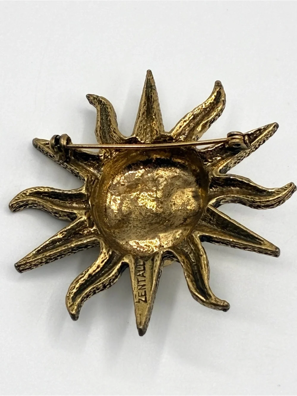 Vintage Robert Zentall Smiling Sun Celestial Brooch Gold Tone 70s